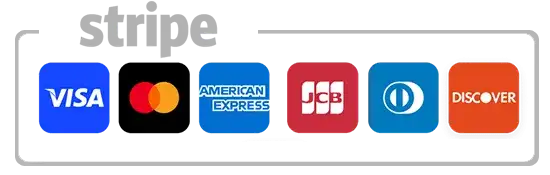 Logos of accepted credit card payment methods: Visa, MasterCard, American Express, JCB, Diners Club, and Discover.