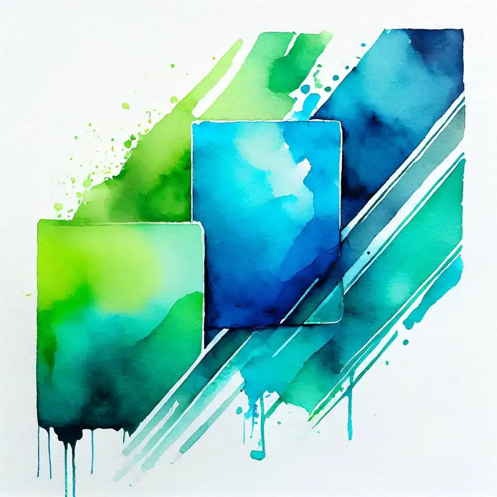 Five ways to build a strong brand identity 5 Abstract painting with overlapping blue and green rectangles and splashes on a white background.