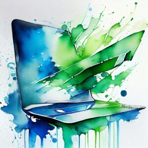 Abstract watercolor painting of an open laptop with vibrant blue and green splashes emanating from the screen.