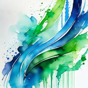 Abstract watercolor painting with blue and green waves and splashes on a white background.
