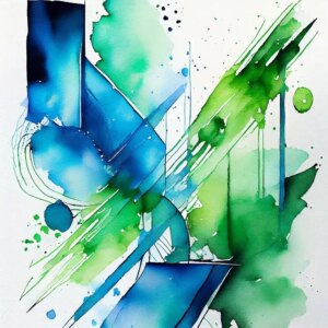 Abstract watercolor painting with vibrant blue and green hues, featuring geometric shapes and splatters on a white background.