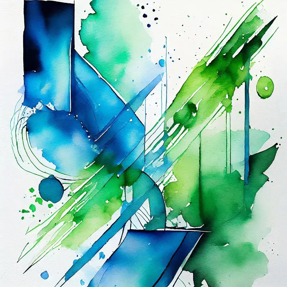 What is print design and why it still matters 2 Abstract watercolor painting with vibrant blue and green hues, featuring geometric shapes and splatters on a white background.